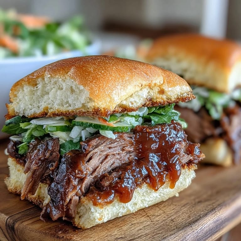 2. Tender, slow-roasted brisket on slider buns with creamy coleslaw, perfect for BBQ parties and gatherings.  