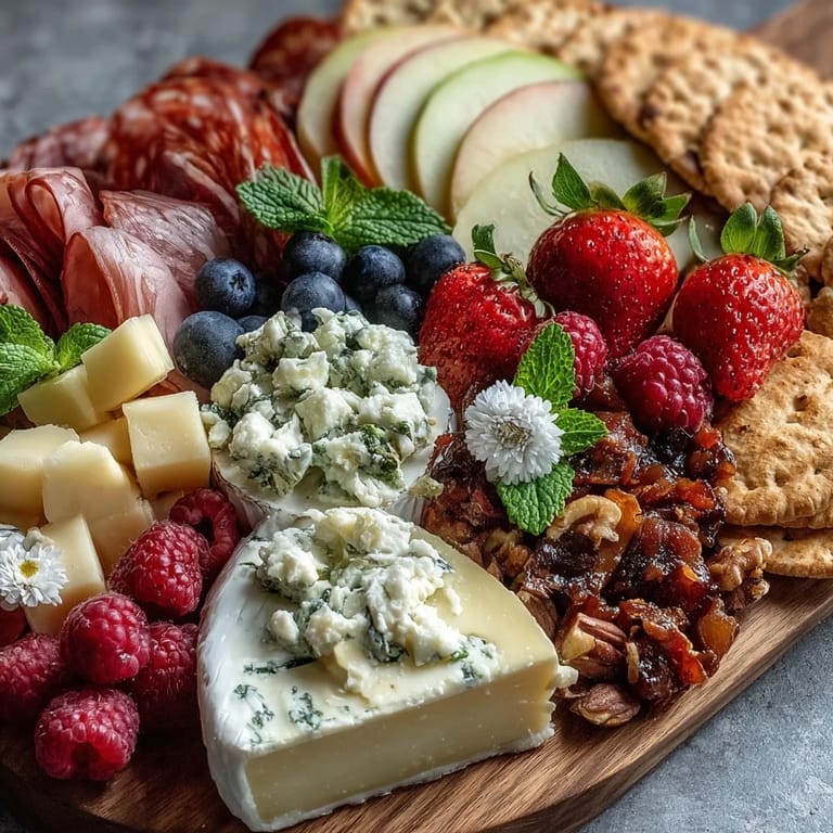 Elegant spring charcuterie board with edible flowers and fruits, featuring prosciutto, brie, berries, and delicate pansies for a seasonal feast.