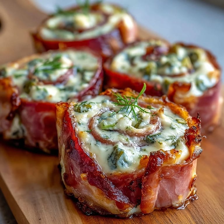 Smoky ham and tangy pickles wrapped in smooth cream cheese, sliced into colorful appetizer pinwheels.