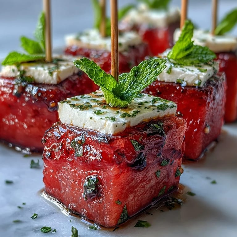 Sweet watermelon paired with tangy feta and mint on skewers, ideal for a light Mediterranean snack.