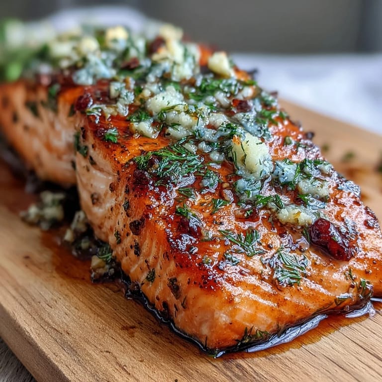 Juicy cedar plank salmon with garlic dill, grilled to perfection and garnished with lemon slices for a vibrant, herby aroma and flavor.