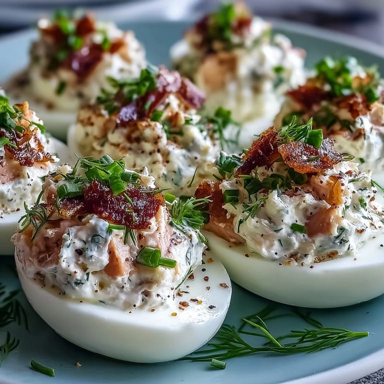 Smoked salmon deviled eggs with everything seasoning—a flavorful twist on classic deviled eggs, garnished with dill and extra salmon.