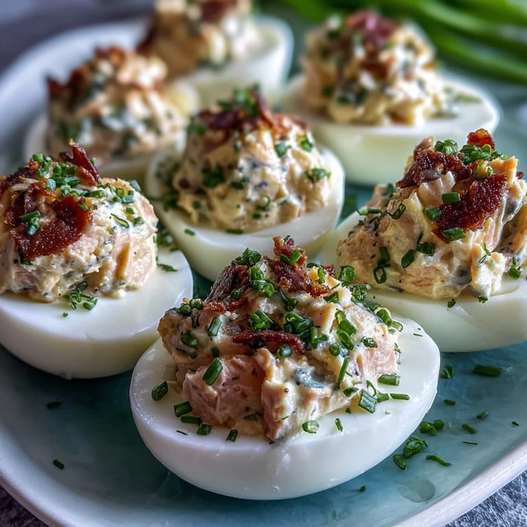 Rich deviled eggs filled with smoked salmon and chives, finished with everything bagel seasoning for a savory, elegant appetizer.