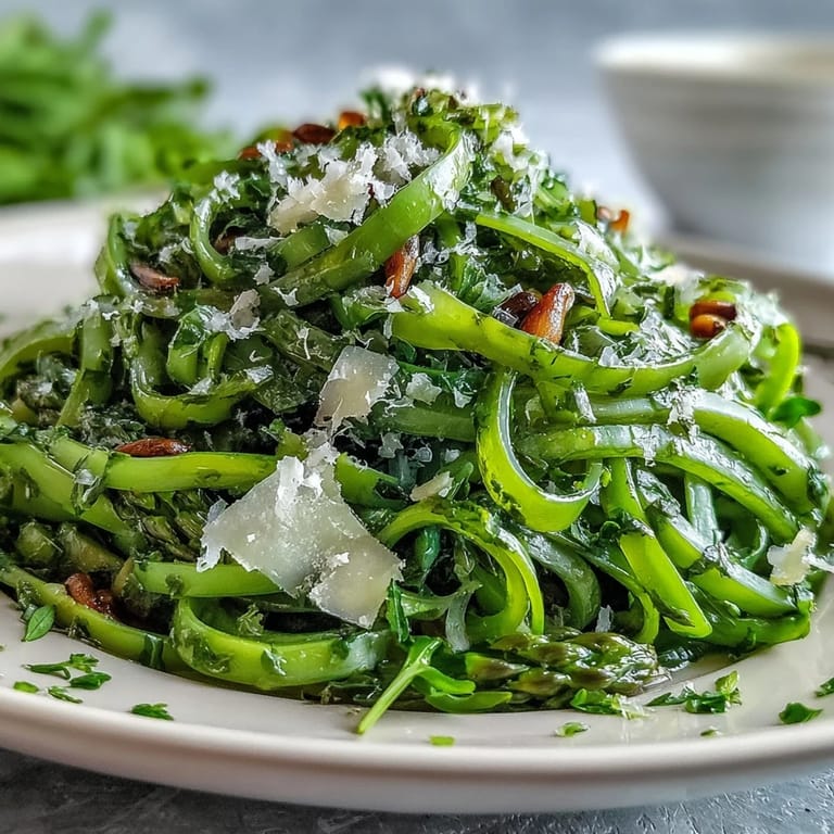 A vibrant asparagus ribbon salad, tossed in lemon dressing and topped with Parmesan for bright flavor.  