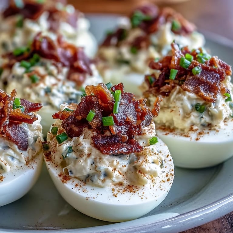 Creamy deviled eggs infused with ranch flavor and topped with crumbled bacon and chives, an easy, gluten-free appetizer for gatherings.