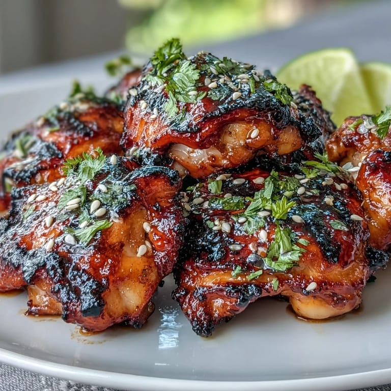 Juicy chicken thighs coated in a sticky honey sriracha sauce, grilled until caramelized and golden, served with fresh cilantro and sesame seeds.