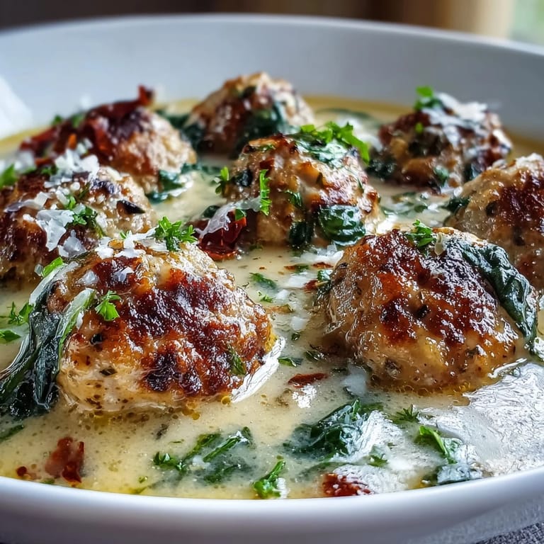 A close-up shows tender turkey meatballs and vibrant spinach swimming in the creamy, tomato-flecked broth of this savory Tuscan-inspired soup.