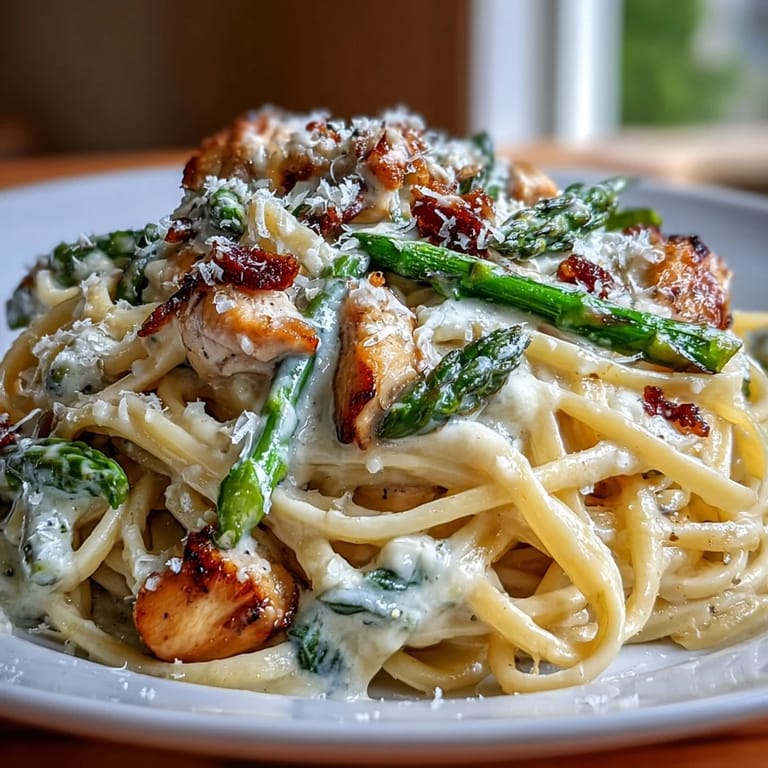 Sizzling skillet of Creamy Asiago Chicken & Asparagus Pasta with golden Asiago and lemon zest.