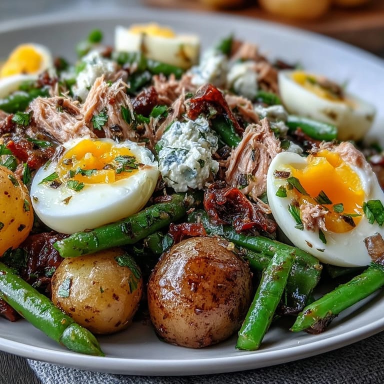 This seasonal Niçoise salad features baby potatoes, cherry tomatoes, and olives tossed with greens and oil-packed tuna for a fresh, colorful meal.