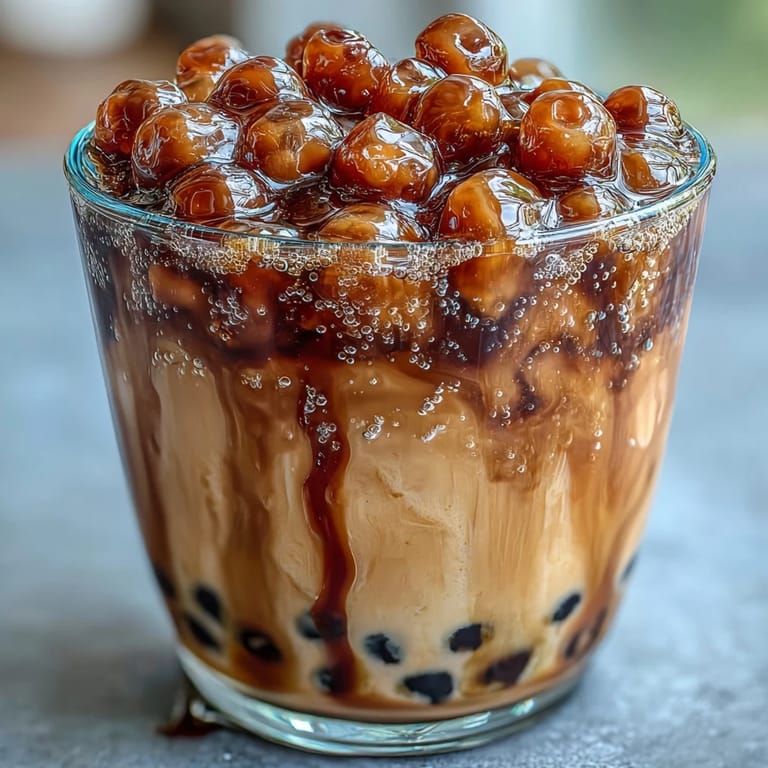 Refreshing brown sugar boba milk tea served over ice with soft, chewy pearls and a sweet syrup drizzle.