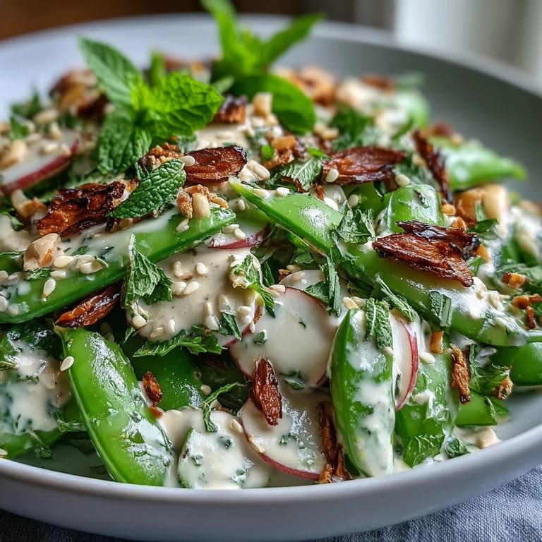 Crisp snap peas and radishes tossed in a zesty tahini dressing, perfect for spring.