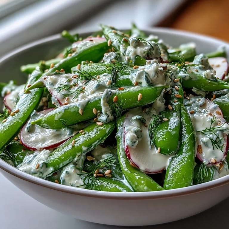 Refreshing Snap Pea and Radish Spring Salad, topped with toasted sesame seeds.