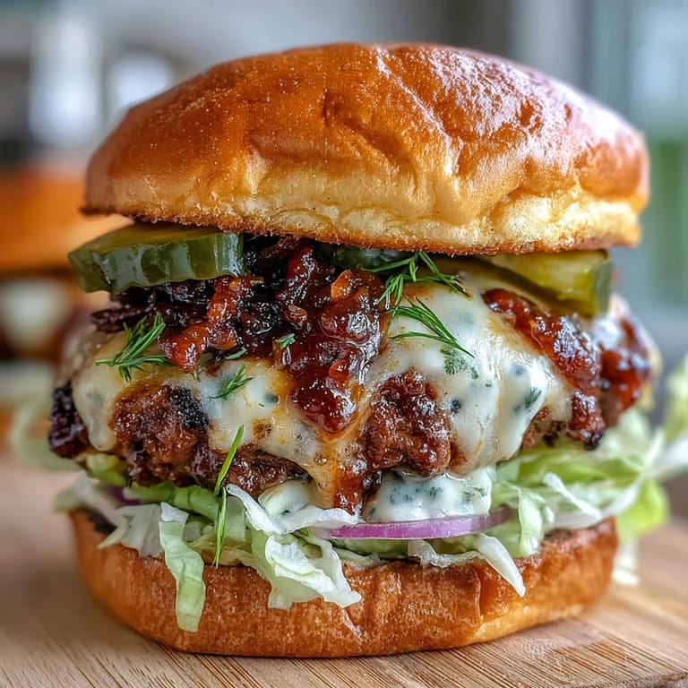 Golden brioche buns overflowing with Memorial Day smash burger sliders and tangy sauce.