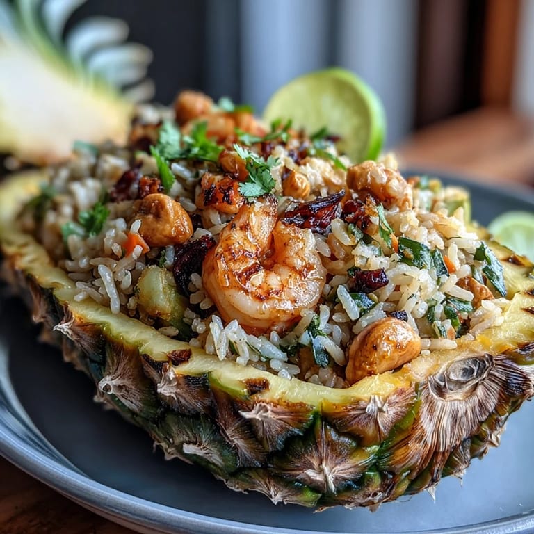 Delicious pineapple fried rice featuring golden rice, sweet pineapple chunks, and crunchy cashews, beautifully plated in a pineapple boat.