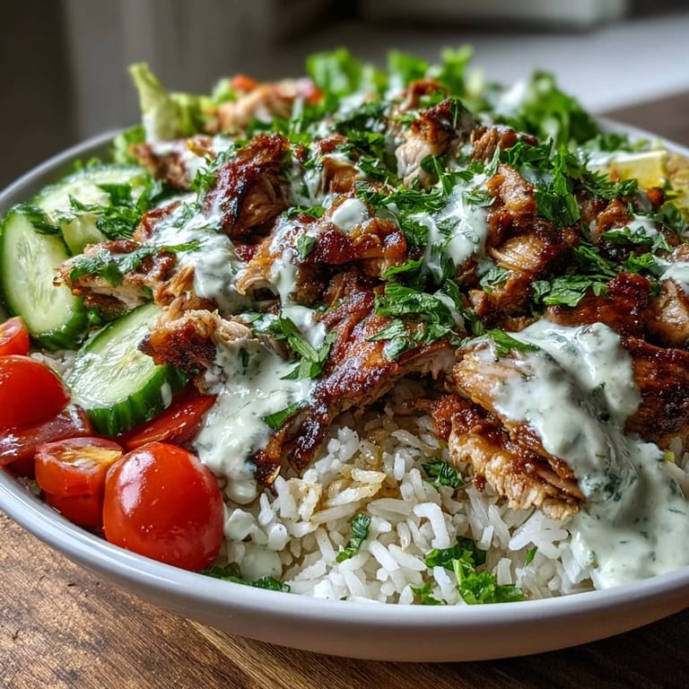 Flavorful Middle Eastern Shawarma Bowl piled high with colorful veggies and fluffy rice.