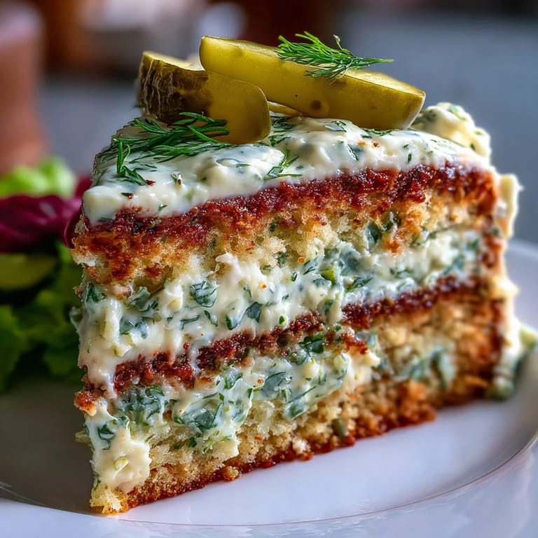 Moist Pickle Cake layers topped with tangy, herbaceous dill cream frosting.