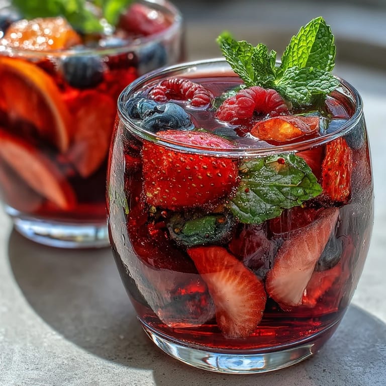 Refreshing iced hibiscus berry tea, beautifully showing colorful mixed berries and citrus slices.