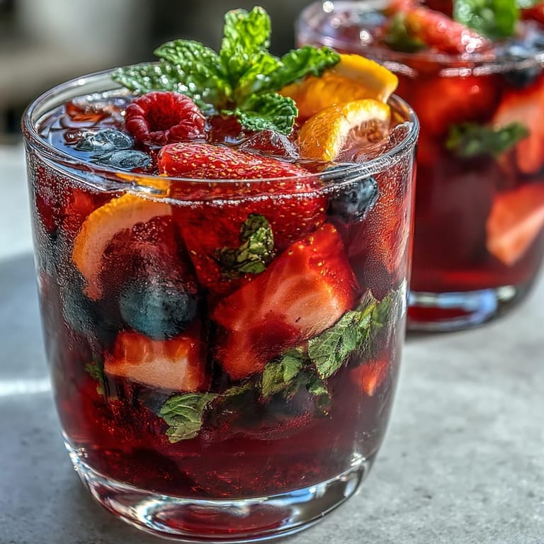 Chilled hibiscus berry tea, featuring bright fruit and mint garnish, ready to be enjoyed.