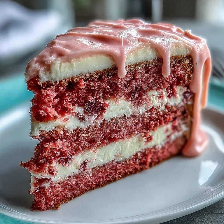 Decadent Rosé Velvet Cake, showcasing a shimmering gold drip and smooth cream cheese frosting.