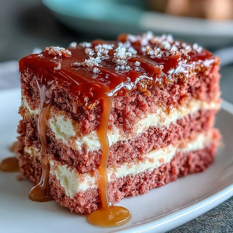 Decadent rosé velvet cake with shimmering gold icing, perfect centerpiece.