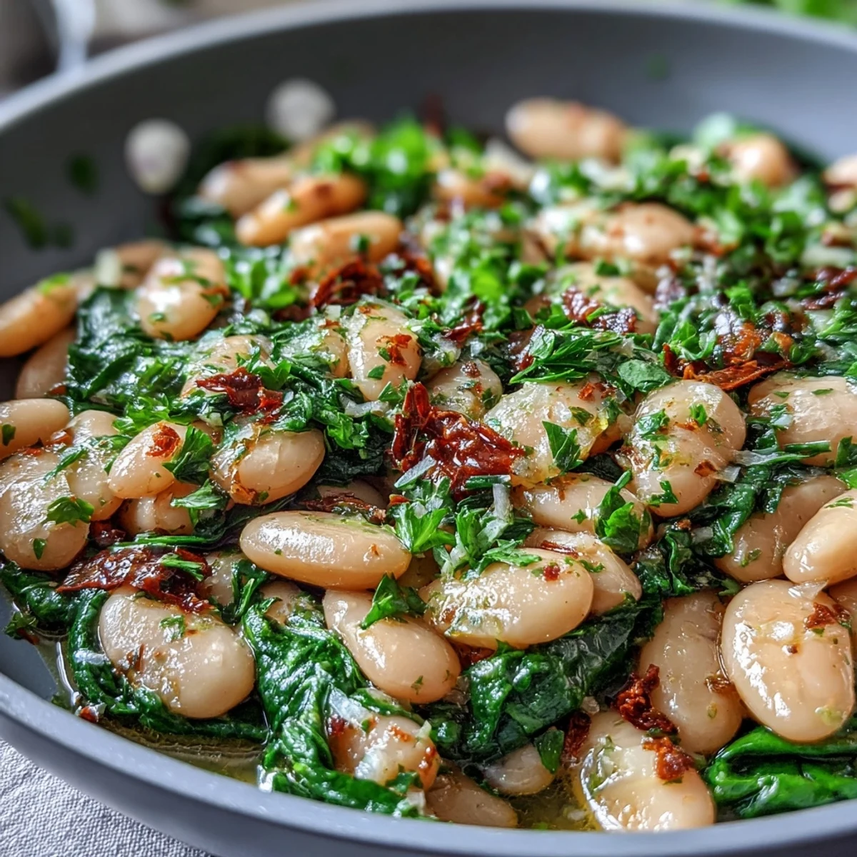 A vibrant vegan lemon garlic white bean skillet with spinach, bursting with fresh flavors and zesty lemon sauce.  