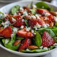 Fresh strawberry spinach salad with feta and toasted almonds, bursting with sweet berries and creamy cheese in a vibrant bowl.