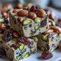 A chewy nougat bar filled with roasted pistachios, dried apricots, cherries, and cranberries, perfect for holiday gifting.  