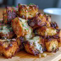 Golden sourdough croutons baked to perfection, ideal for topping French onion soup with a crunchy texture.