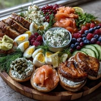 A festive Galentines brunch board with bagels, lox, and fresh berries, perfect for celebrating friendship and sharing.  