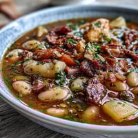 A steaming bowl of bean soup with smoked ham and potatoes, rich broth and tender vegetables in every spoonful.  