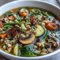 Hearty Rustic Vegetable Barley Soup with Mushrooms, packed with tender grains and earthy mushrooms in a rich, savory broth.