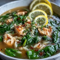 Bright lemon chicken orzo soup with tender chicken, fresh spinach, and orzo pasta in a comforting, citrusy broth.