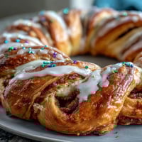 Festive golden King Cake Braid filled with tangy lemon cream cheese and topped with colorful Mardi Gras sugar sprinkles.