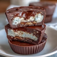 Rich peanut butter cups filled with creamy Greek yogurt and topped with dark chocolate for a protein-packed treat.  