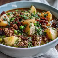Hearty Shepherds Pie Soup with ground beef and veggies in a savory broth, topped with fresh parsley.  