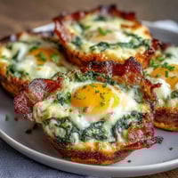 Green eggs and ham breakfast cups with spinach-infused eggs baked in ham cups, topped with melted cheddar cheese.