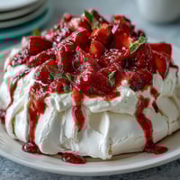 Beautiful strawberry pavlova with whipped cream, showcasing a crisp meringue shell topped with fluffy cream and fresh, juicy berries.