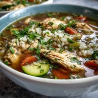 Hearty one-pot chicken and rice soup with tender chicken, fresh vegetables, and fragrant herbs in a savory broth.  