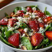 Fresh strawberry spinach salad with poppyseed dressing, featuring juicy berries and crunchy nuts in a creamy, tangy blend.