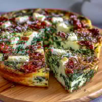 Fluffy spinach and feta frittata with sun-dried tomatoes, baked golden and ready to serve with a crisp green salad.