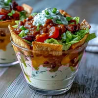 Easy Taco Dip Cups filled with layers of refried beans, sour cream, and cheese, topped with lettuce and tomatoes in clear cups.