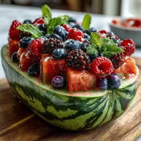 Vibrant watermelon carving board brimming with fresh berries and mint, perfect for summer parties or healthy snacking.