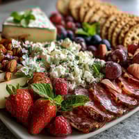 Spring charcuterie board with edible flowers and fruits, a colorful spread of cured meats, cheeses, and vibrant edible blooms.