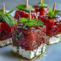 Juicy watermelon, creamy feta, and fresh mint arranged on skewers for a vibrant summer appetizer.