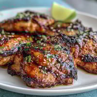 Honey sriracha grilled chicken thighs sizzling on the barbecue, glazed with a sweet and spicy marinade for a perfect summer dinner.