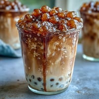 Creamy brown sugar boba milk tea with chewy tapioca pearls and a rich brown sugar drizzle in a clear glass.