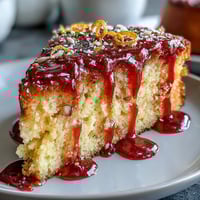 A slice of vibrant gluten-free blood orange polenta cake with a glossy pink citrus glaze and fresh orange slices.