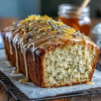 Close-up of moist Lemon Lavender Loaf Cake drizzled with golden honey glaze.