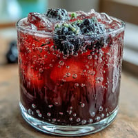 Blackberry lavender lemonade fizz glistening with fresh berries and ice cubes.