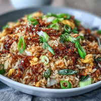 Spicy chili crisp egg fried rice with crispy chili oil, fluffy scrambled eggs, and fresh scallions in a hot wok.  